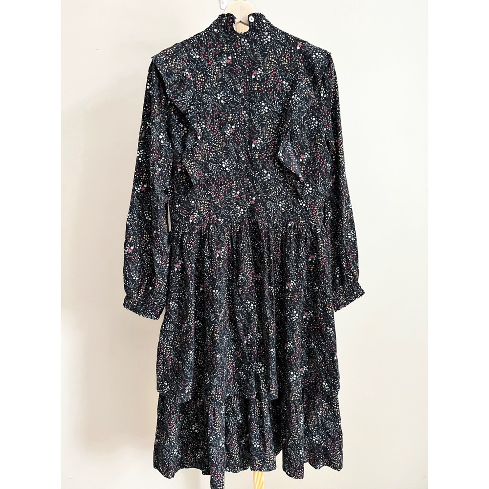 Maple and Cliff Black Floral Mock Neck Ruffle Tiered Midi Dress Size Small